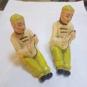 Vintage 1950s Mid Century Asian Musician Shelf Sitters Pair - Chartreuse Yellow